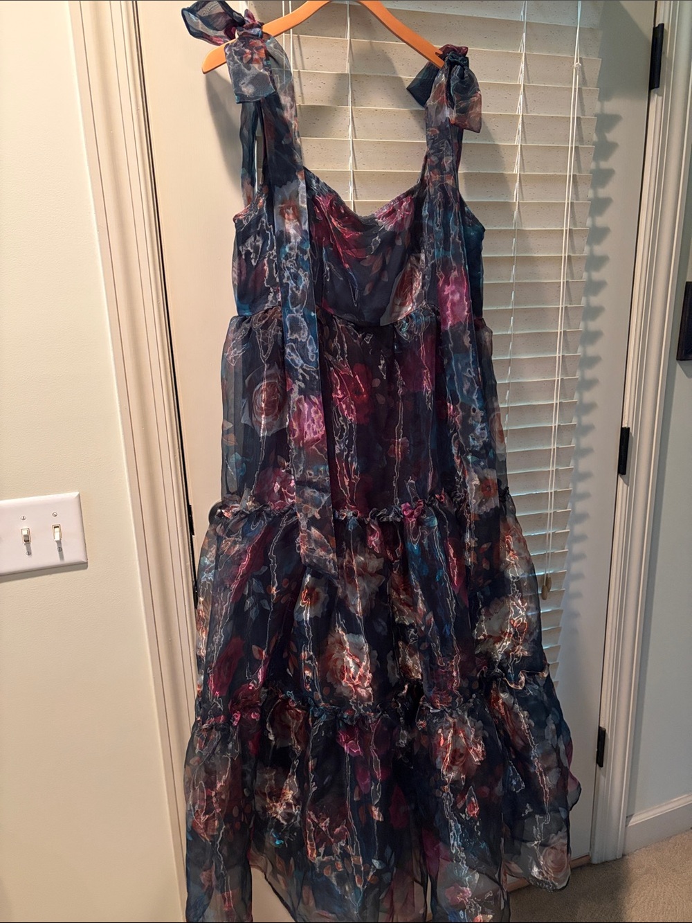 Tiered Green Floral Chiffon Maxi Dress with Tie Straps